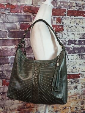 Cole Haan "Hurache Square" Woven-Accent Leather Hobo with Tassel